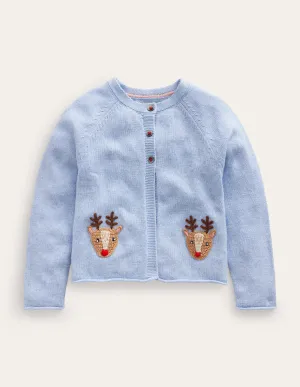 Festive Crochet Cardigan-Pebble Blue Reindeer