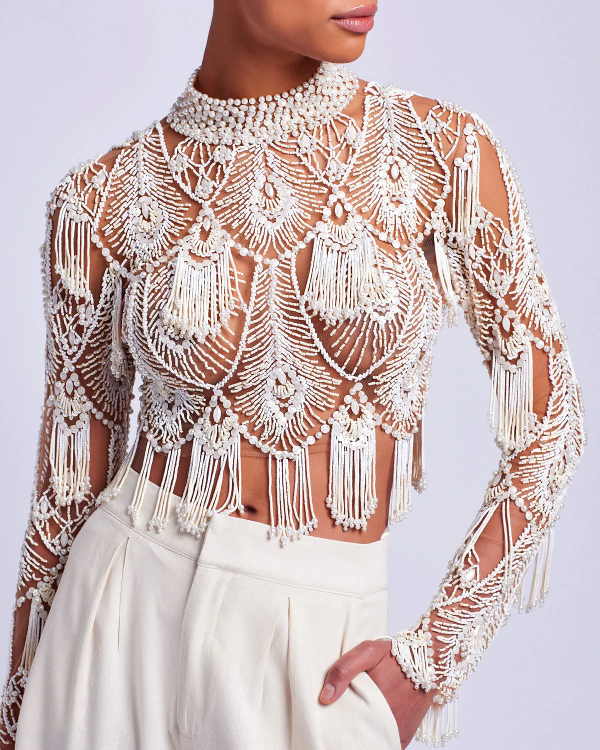 Hand-Beaded High Neck Top (EXCLUSIVE)