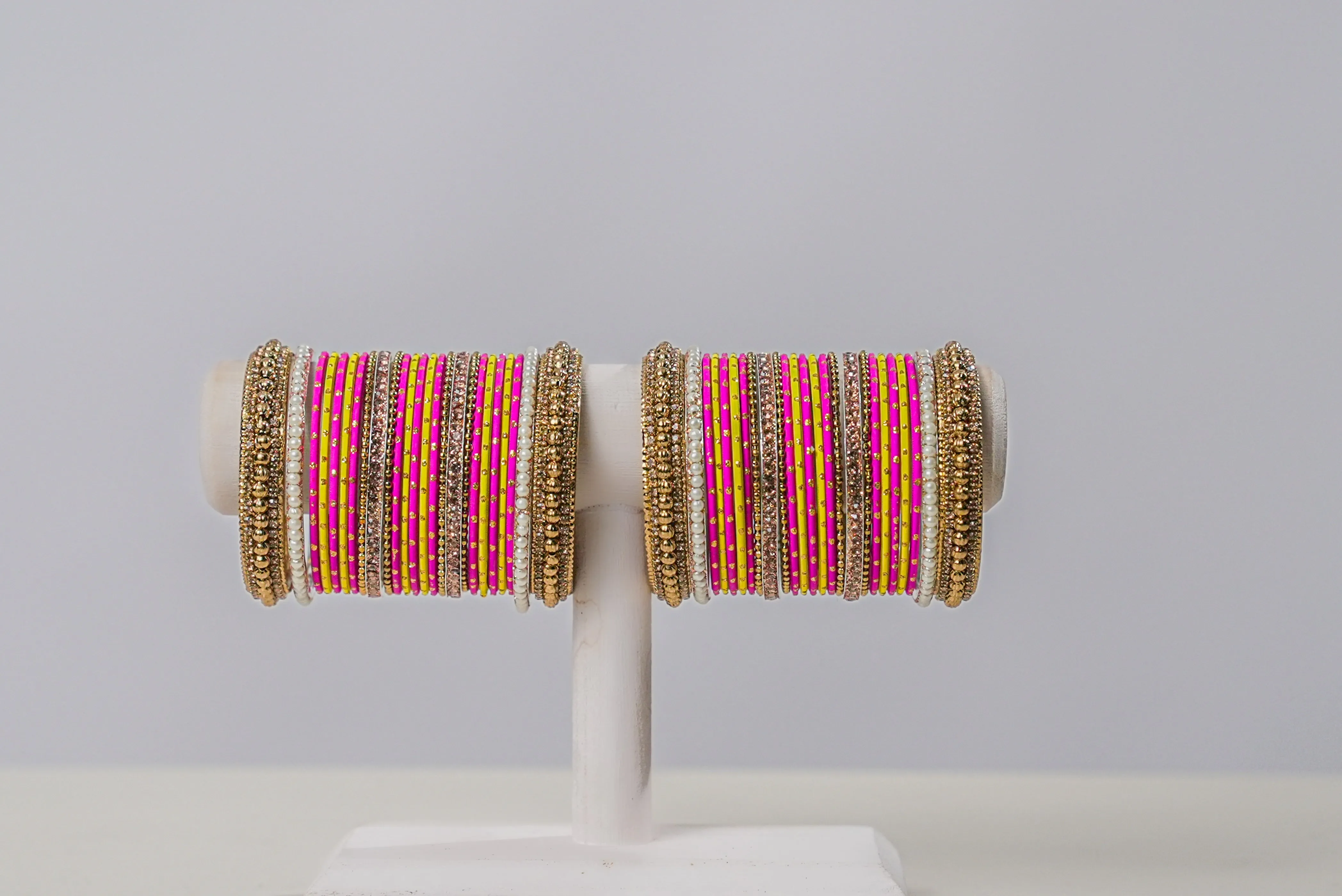 Raji Hot Pink and Yellow Bangles - 2 Hand Set