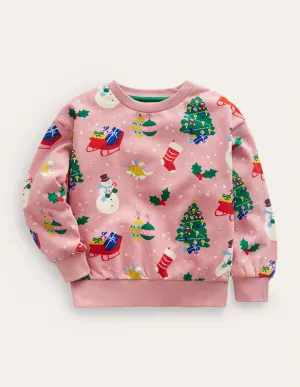 Relaxed Printed Sweatshirt-Almond Pink Festive