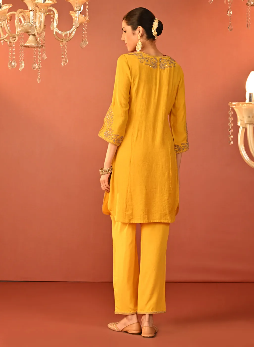 Uroosa Chrome Yellow Embroidered Cotton Kurta Set for Women
